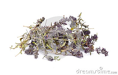 Dried thyme tea on a white background. Flowers of thyme in nature. The thyme is commonly used in cookery and in herbal medicine. Stock Photo