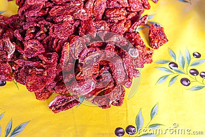 dried tomatoes, market in Forcalquier, Provence, France Stock Photo