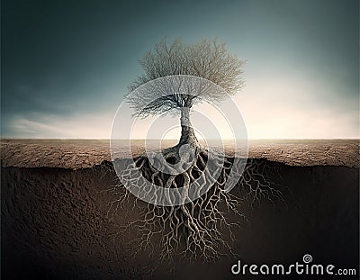 Dried tree with batre branches, in center of wasteland with roots going into soil, ecology concept. Generative AI illustration Cartoon Illustration