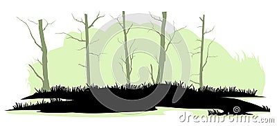 Dried trees. Swamp landscape. View of the river bank. Silhouette picture. Isolated on white background. Vector. Vector Illustration