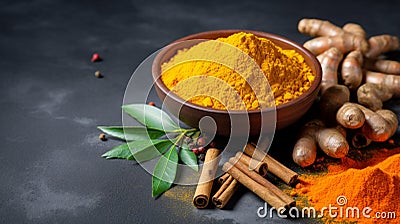 Dried turmeric powder with leaves on dark background. Curcuma powder in a wooden bowl with turmeric roots, cinnamon and green Stock Photo