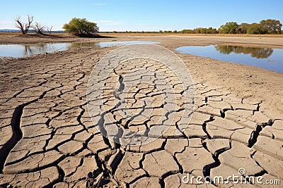 a dried-up pond with cracks in the muddy surface Stock Photo
