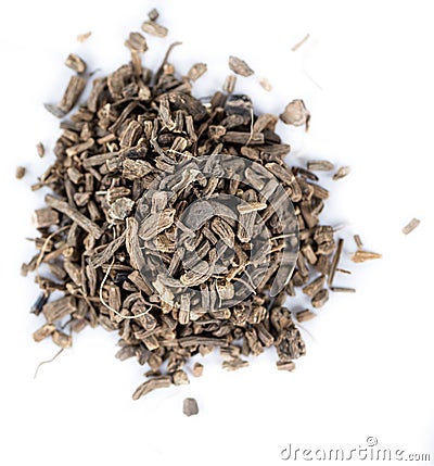 Dried Valerian roots on white Stock Photo