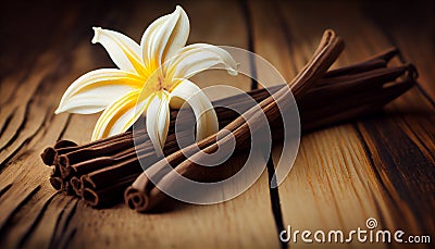 Dried vanilla sticks and vanilla orchid on wooden table. Close-up. Stock Photo