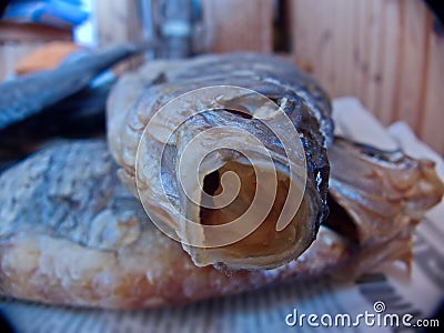 Dried Volga bream is a great appetizer for beer. Top view, close-up. Stock Photo