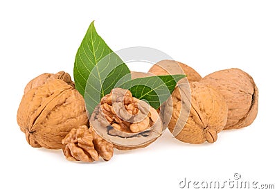 Dried walnuts with leaves isolated Stock Photo