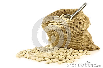 Dried white beans in a burlap bag Stock Photo