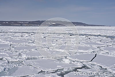 Drift ice in the offing of the Abashiri port, Hokkaido, Japan Stock Photo