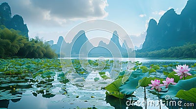 Drift through the tranquility of the Floating Lotus Isles . Generative Ai Stock Photo