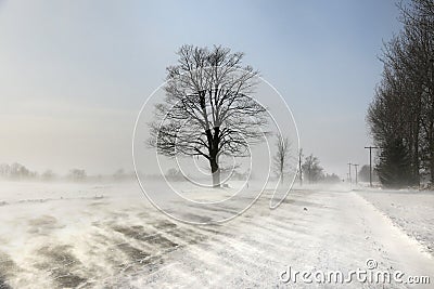 Drifting snow across the road. Ontario, Canada Stock Photo