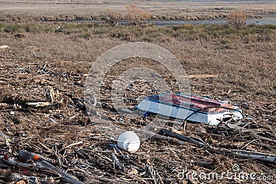 Driftwood Log Pile and pollution brought by high tide waves on a beach. Stock Photo