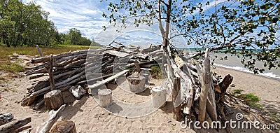 Driftwood pile at a beach at Presque Isle, Erie, Pennsylvania Stock Photo