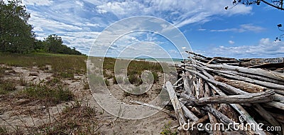 Driftwood pile at a beach at Presque Isle, Erie, Pennsylvania Stock Photo
