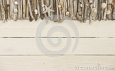 Driftwood with white wooden background Stock Photo