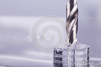 Drill bit make holes in opacity plastic, glass billet Stock Photo