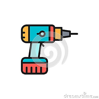 Drill, drilling machine, building tools flat color line icon. Vector Illustration