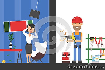 Drill noise from repairman drilling the wall in neighbourhood apartment is loud and makes woman stressed vector Vector Illustration