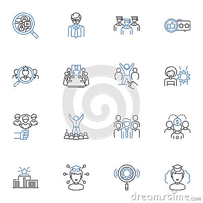 Drill and organization line icons collection. Precision, Efficiency, Discipline, Order, Focus, Leadership, Tactics Vector Illustration