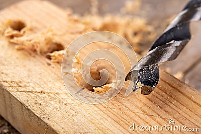Drilling with a drill bit into wood. Small carpentry work in a carpentry workshop Stock Photo