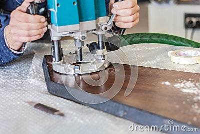 Drilling machine. Furniture carpentry. Woodworking lifestyle, organic eco friendly design elements. Stock Photo