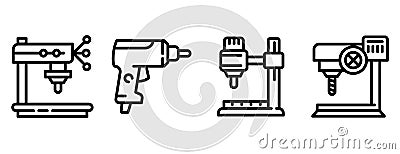 Drilling machine icons set, outline style Vector Illustration