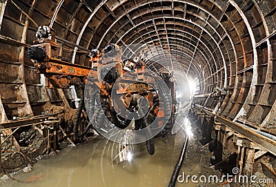 Drilling machine in the subway tunnel Editorial Stock Photo