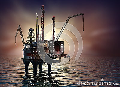 Drilling offshore Platform in night sea. 3D image. Stock Photo