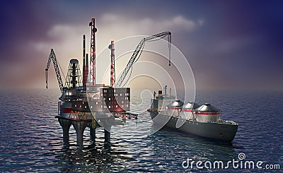 Drilling offshore platform and tanker Stock Photo