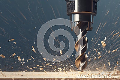 Drilling process Metal drill bit in industrial machine on wood Stock Photo