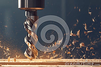 Drilling process Metal drill bit in industrial machine on wood Stock Photo