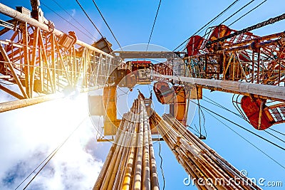 Drilling rig in oil field for drilled into subsurface in order to produced crude, inside view. Petroleum Industry Editorial Stock Photo