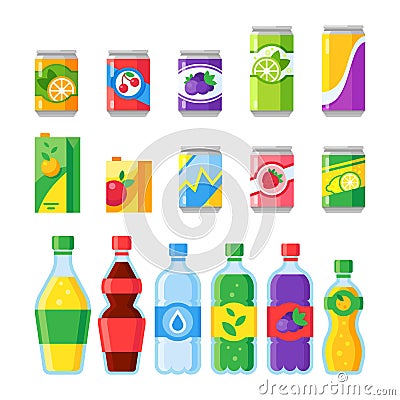 Drink beverages. Cold energy or fizzy soda beverage, sparkling water and fruit juice in glass bottles. Drinks vector Vector Illustration