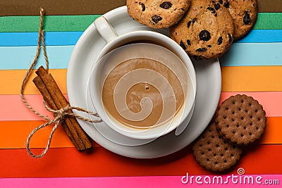 Drink with caffeine or cocoa with milk. Coffee on colorful positive background, top view. Coffee break concept. Cup of Stock Photo