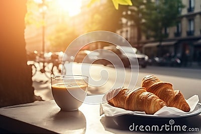 breakfast bar cup paris french drink france table croissant food. Generative AI. Stock Photo