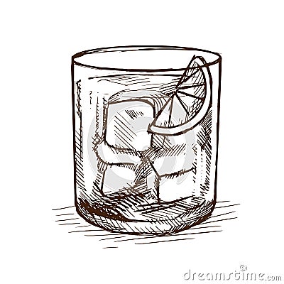 Drink gin-tonic, cocktail with addition of lemon lime and ice. Vector Illustration