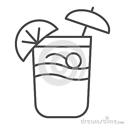 Drink in glass with umbrella and citrus slice thin line icon, summer concept, summer cocktail sign on white background Vector Illustration