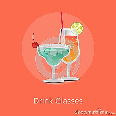 Drink Glasses Martini Lemonade Alcohol Cocktails Vector Illustration