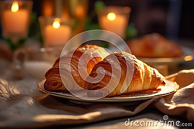 hot drink bakery drink croissant bokeh table food morning cup background breakfast background. Generative AI. Stock Photo