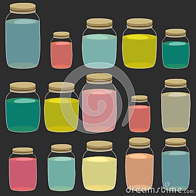 Drink jar pattern. Handdrawn cartoon pattern with glass jars isolated on black. Vector Illustration