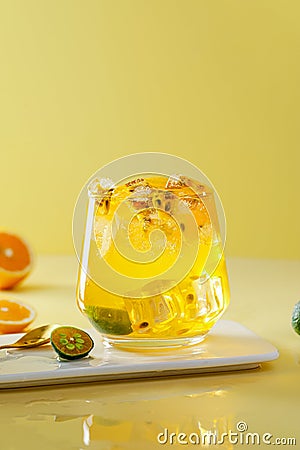 A drink made of passion fruit and lemon, a refreshing drink in summer, with a sweet and sour taste Stock Photo