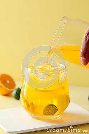 A drink made of passion fruit and lemon, a refreshing drink in summer, with a sweet and sour taste Stock Photo