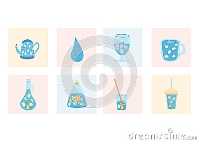 Drink more water card set. Soft sparkling beverages banner collection. Stay hydrated. Plastic free, glass only. Vector flat Vector Illustration
