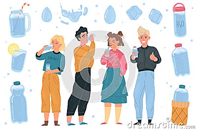 Drink more water. Young people taking water from glasses and bottles, girls and boys in drinking process, liquid Vector Illustration