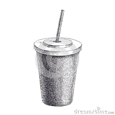 Drink in paper cup with straw. Hand drawn vector illustration of Vector Illustration