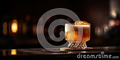 A drink sitting on top of a glass on a counter. AI generative image. Stock Photo