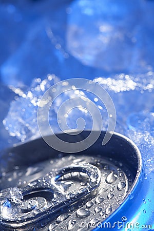 Drink tin can iced submerged in frost ice, metal aluminum beverage Stock Photo