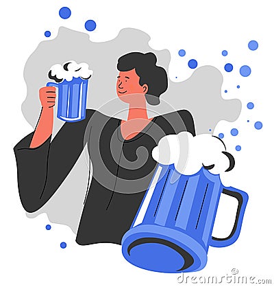 Drinking alcoholic beverages and partying, man with beer Vector Illustration