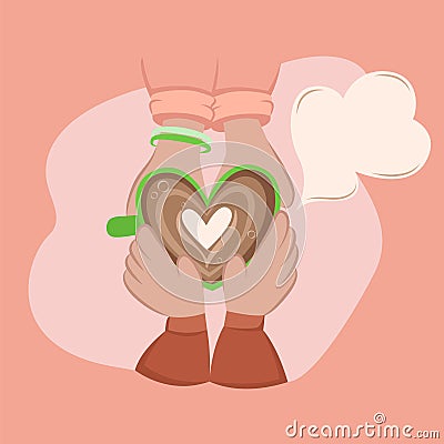 Drinking coffee with loved one. Coffee break at cafe. People holding mug with coffee in shape of heart Vector Illustration