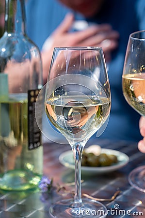 Drinking of dry white wine on open terrace in spring garden Stock Photo