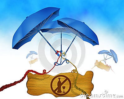 Drinking not allowed symbol on wooden board and three blue umbrella in background binded using colorful ropes Cartoon Illustration